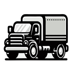 Stylized Black And White Vector Illustration Of A Vintage Delivery Truck With Cargo Trailer