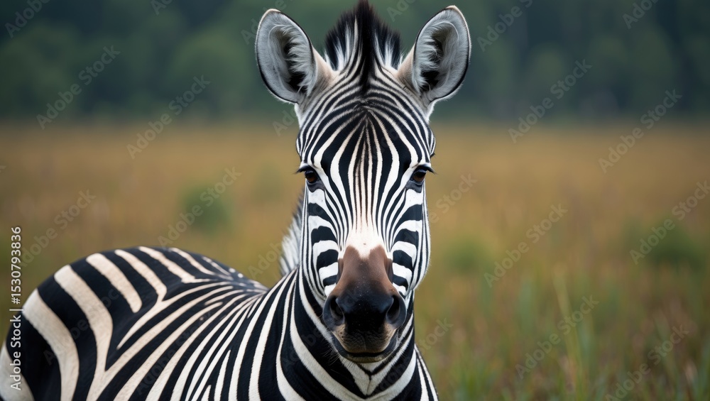 Poster closeup of a beautiful zebra's head looking curiously while standing in savannah grass with sky in t