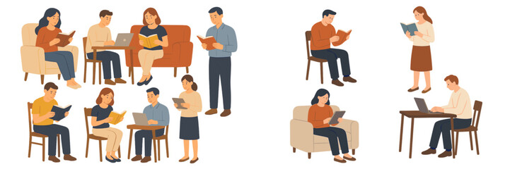 Fototapeta premium Group of people engaged in reading activities in a cozy indoor setting during the day
