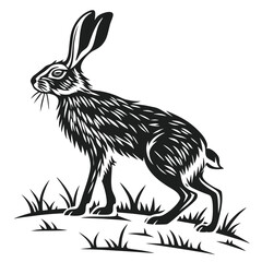 Solitary black hare standing in grass, showcasing a simple, monochromatic silhouette