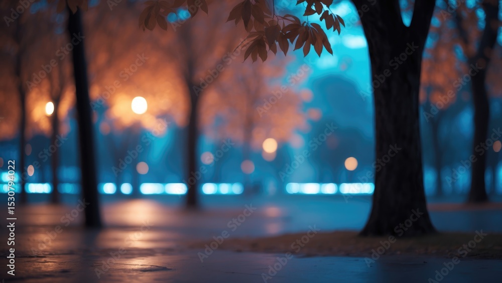 Poster blurred background of a quiet night urban park pathway with streetlights and autumn trees in a city 