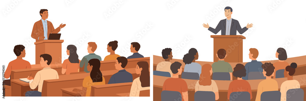 Aufkleber engaging speakers present informative talks to attentive audience in a bright conference setting