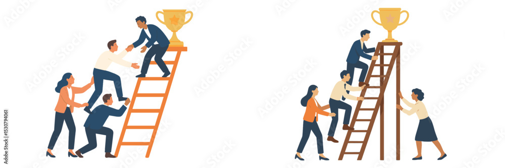 Poster team members help each other climb ladders to reach a trophy while celebrating teamwork in a collabo