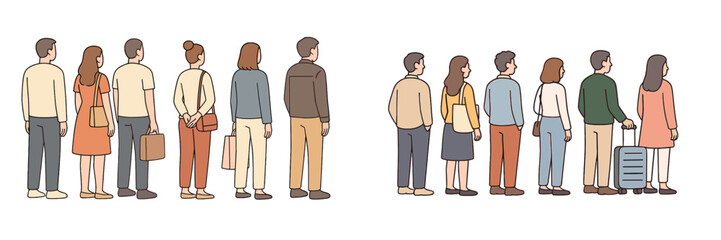 Group of people standing in line at a busy location during the day with variety of activities and attire