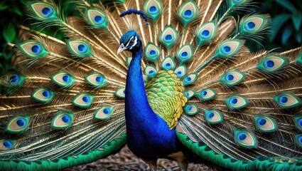 Obraz premium Close up of a vibrant and Colourful peacock bird with its wide opened tail filled with long feathers standing on a green grass.