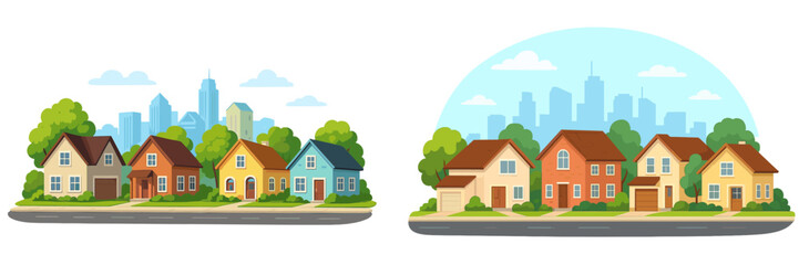 Urban and suburban houses side by side showcasing modern architecture and greenery in a vibrant cityscape