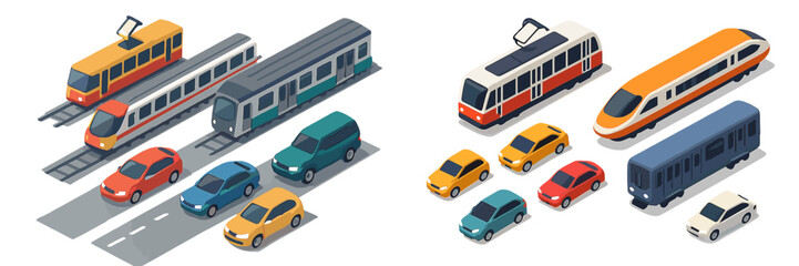 Various transportation options including trams and cars at a busy urban intersection in daylight