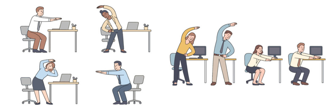 Office workers engage in stretching exercises to enhance well-being during a busy day at the workplace