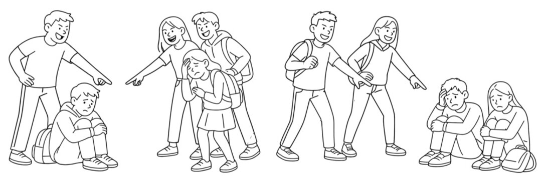 Group of students interact in a school setting while some are bullied and others are supportive in a drawn illustration
