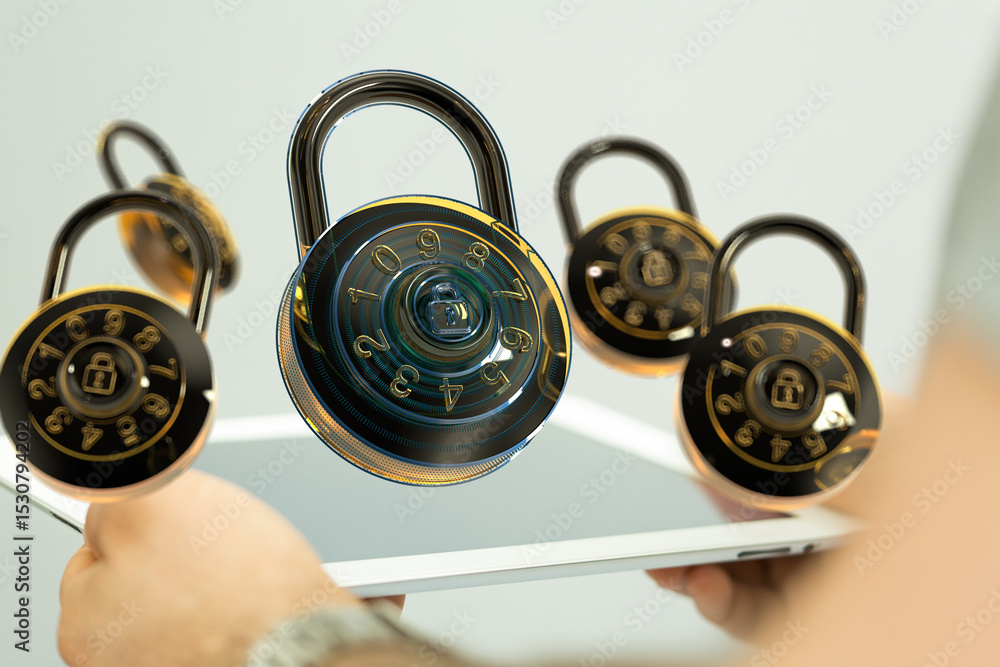Poster secure your data! combination locks hover over a tablet, symbolizing online safety and digital prote