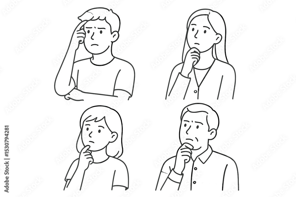 Poster emotions of contemplation and concern expressed by four individuals in a minimalistic setting
