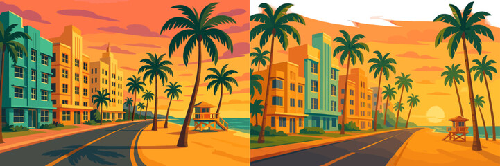Fototapeta premium Sunset view along a beachside road with palm trees and colorful buildings in a coastal town