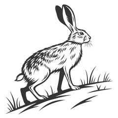 Black hare stands in a grassy meadow with ears straight up, sketched monochromatically © Lovely