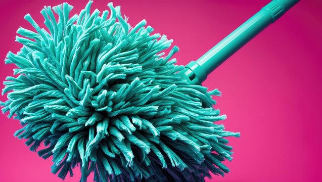 Pink background featuring a blue microfiber mop with a wooden handle.