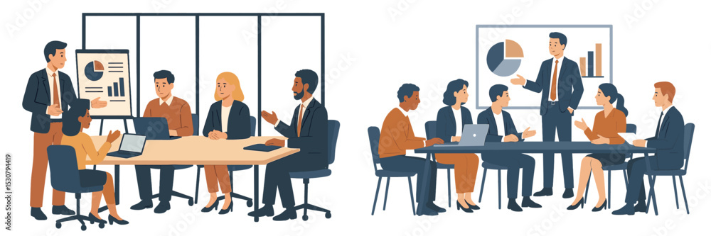 Poster business professionals engage in collaborative meetings and presentations during work hours in a mod