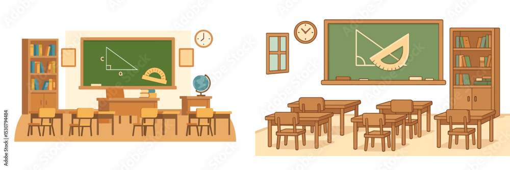 Poster classroom environment with learning materials and math tools in a bright educational setting