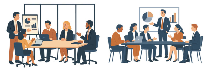Business professionals engage in collaborative meetings and presentations during work hours in a modern office setting