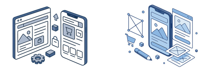 Modern web and mobile interface design illustrations showcasing user experience and interaction concepts