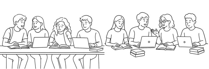 Group of students collaborating on laptops while studying together in a classroom environment during daytime