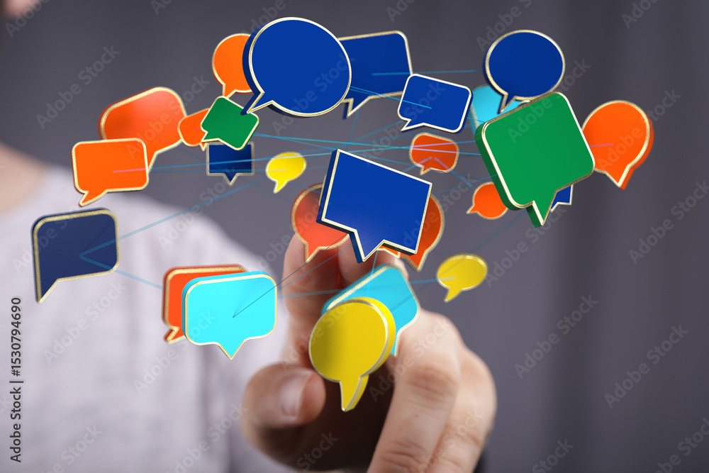 Poster Hand interacting with a network of colorful speech bubbles, symbolizing global communication and connection.