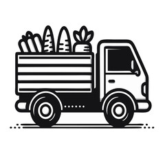 Graphic Black And White Illustration Of A Small Truck Carrying Harvest Vegetables To Market