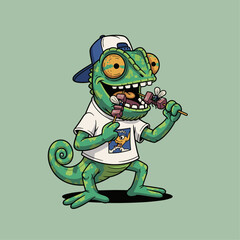 Obraz premium Vibrant cartoon chameleon dressed in baseball cap and shirt capturing lively playful vibe