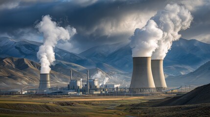 Global Energy Independence Day. Geothermal power plant with steam rising from cooling towers, mountain terrain, natural hot springs nearby, dramatic sky