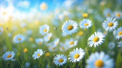 Blue sky and field with green grass and daisy flowers. Background for nature and ecology concept. Focus on flowers.