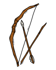 Vector linear hand drawn icon set of primitive weapons including a bow, arrow, and spear in doodle style.