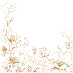 Vector illustration of golden flowers bouquet, line art floral design, greeting card for birthday and wedding, summer celebration background, elegant botanical arrangement, festive flower decoration.