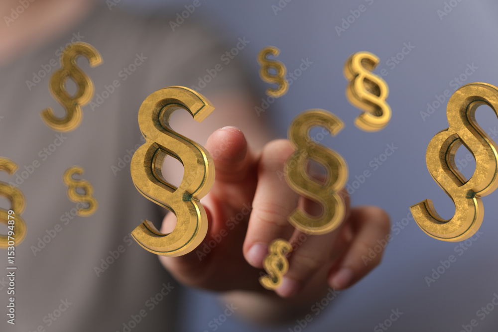 Poster abstract image of a hand interacting with floating paragraph symbols, ideal for legal or law related
