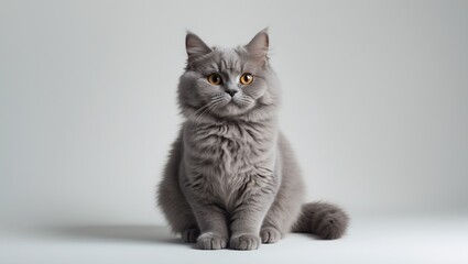 Young British shorthair cat, 7 months old, positioned in front of a plain white background.