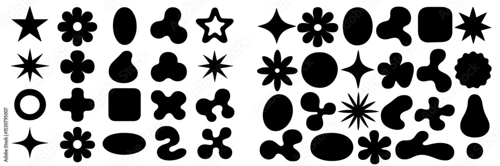 Poster collection of abstract black shapes and designs on a white background from a creative design concept
