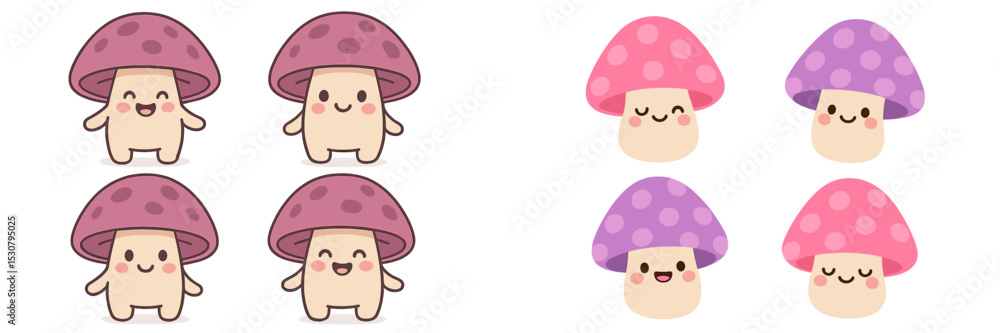 Poster cute cartoon mushrooms with smiles and colorful caps in a playful arrangement featuring two differen