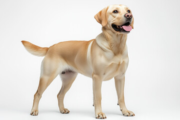 Golden Labrador Retriever Standing Tall, Tongue Out on White Background, Looking Up