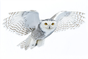Graceful Snowy Owl Soaring Striking Portrait of a Majestic Bird in Flight on White Background
