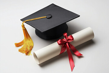 Graduation Cap with Gold Tassel and Diploma Scroll Tied with Red Ribbon on White