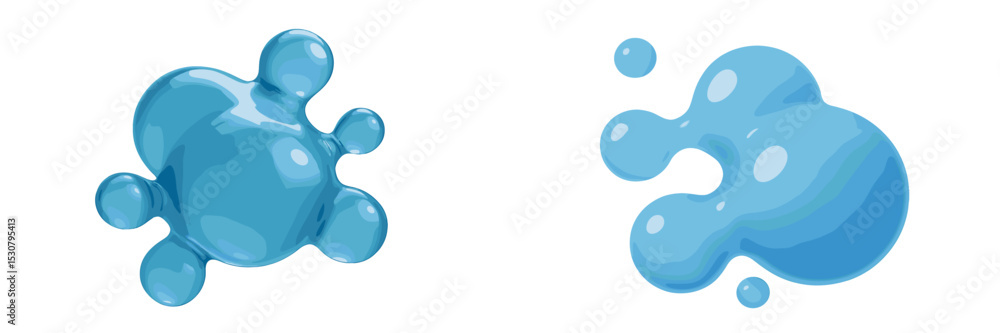 Poster transparent blue liquid droplets on a white background with various sizes and shapes reflecting ligh