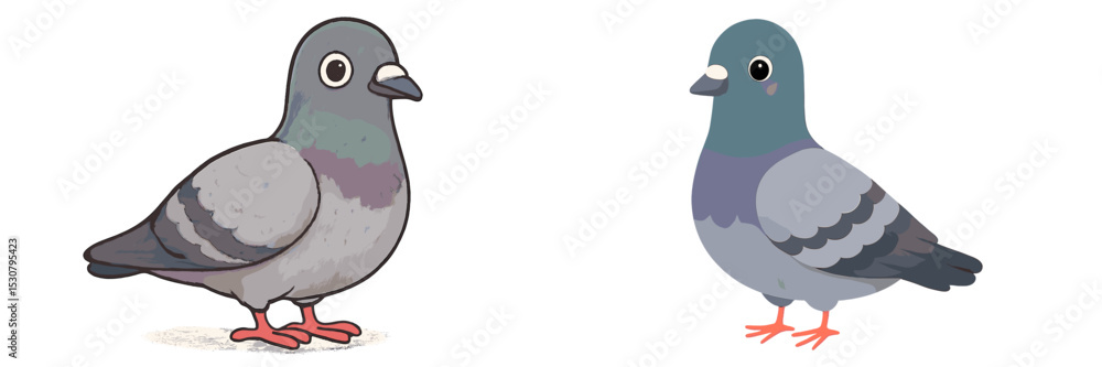 Poster charming cartoon depiction of two pigeons standing side by side in a playful urban setting