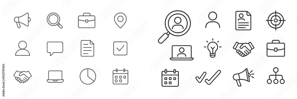 Poster Icons representing various professional activities and communication tools in a simple, modern design suitable for business presentations and projects