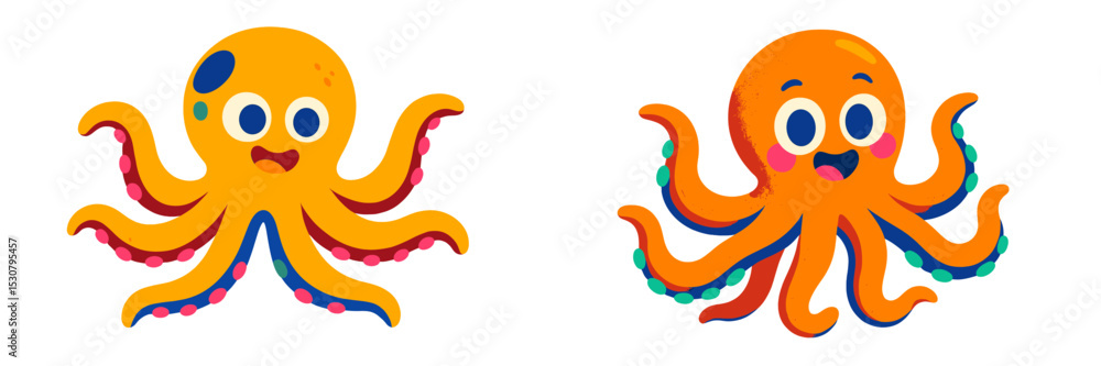 Poster colorful cartoon octopuses with expressive faces and vibrant colors in a playful underwater setting