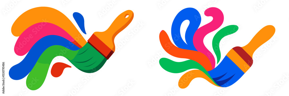 Poster colorful paintbrushes creating vibrant splashes of paint in an artistic workspace setting