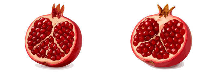 Freshly cut pomegranates displayed on a clean surface highlighting vibrant seeds and juicy texture
