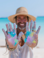 Smiling man holding up painted hands with world map – global unity and travel concept on tropical beach with turquoise ocean background.