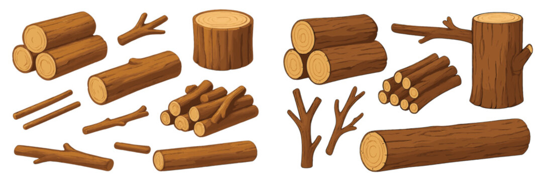 Wooden logs and branches arranged in various shapes and sizes on a white background during a creative illustration session