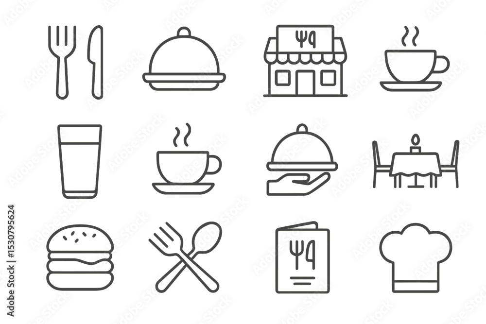 Poster dining symbols depicting culinary elements in a cafe setting during daytime