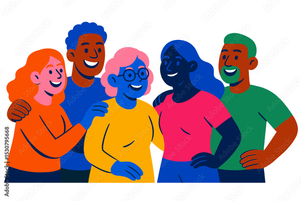 Poster group of friends smiling together in a colorful illustration showcasing diversity and joy during a c