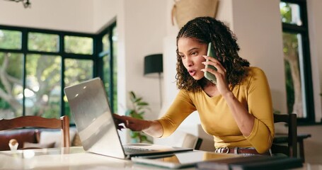 Happy woman, laptop and home freelancer with phone call for discussion, conversation or funny chat. Female person, designer or talking on mobile smartphone or laughing on computer for remote work - Powered by Adobe