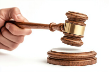 Hand Holding a Wooden Gavel with Gold Accent over Striking Block on White Background