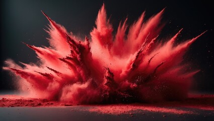 An abstract red powder explosion against a black background. A scatter of scarlet powder. The cloud has a tinted appearance. Color erupts from the dust.